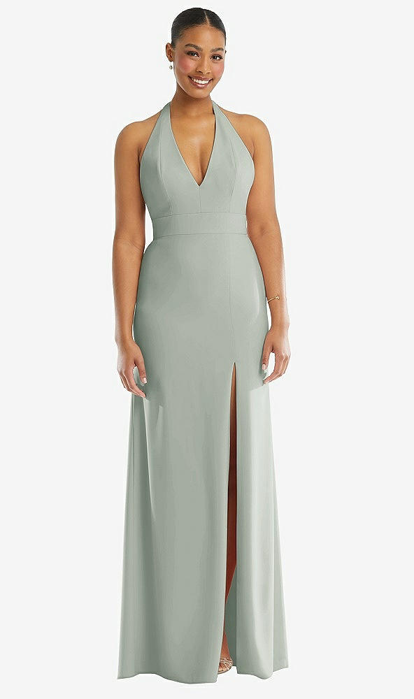 Front View - Willow Green Plunge Neck Halter Backless Trumpet Gown with Front Slit