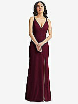 Front View Thumbnail - Cabernet Skinny Strap Deep V-Neck Crepe Trumpet Gown with Front Slit