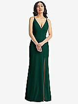 Front View Thumbnail - Hunter Green Skinny Strap Deep V-Neck Crepe Trumpet Gown with Front Slit