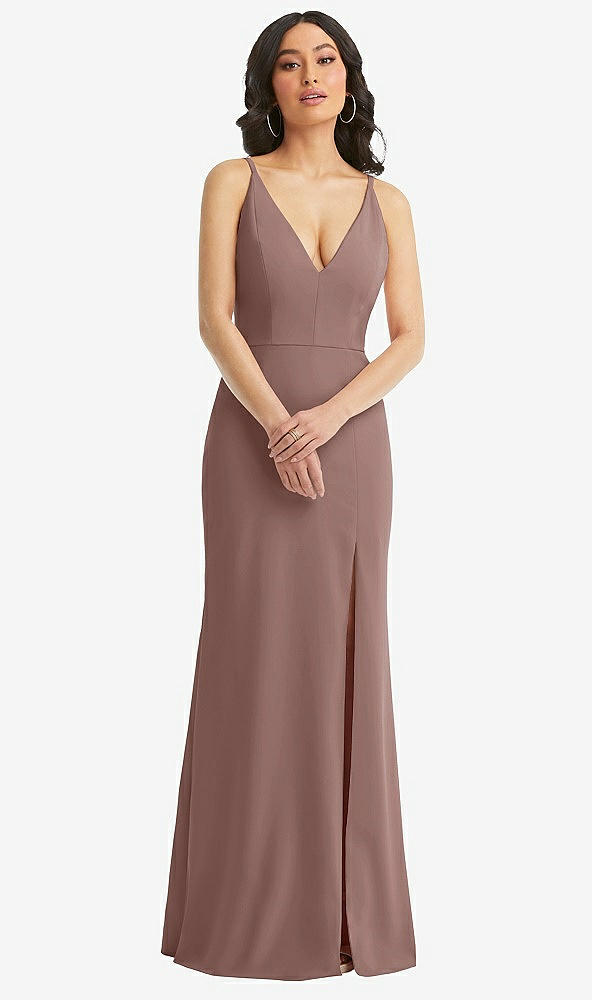 Front View - Sienna Skinny Strap Deep V-Neck Crepe Trumpet Gown with Front Slit