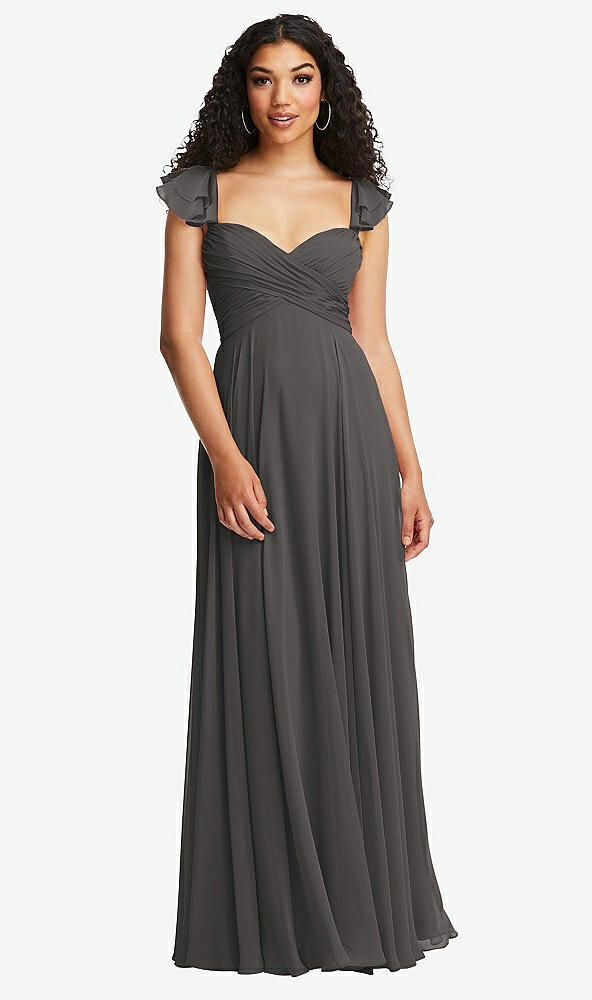 Back View - Caviar Gray Shirred Cross Bodice Lace Up Open-Back Maxi Dress with Flutter Sleeves