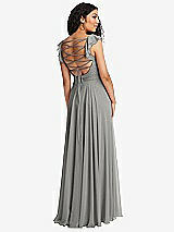 Front View Thumbnail - Chelsea Gray Shirred Cross Bodice Lace Up Open-Back Maxi Dress with Flutter Sleeves