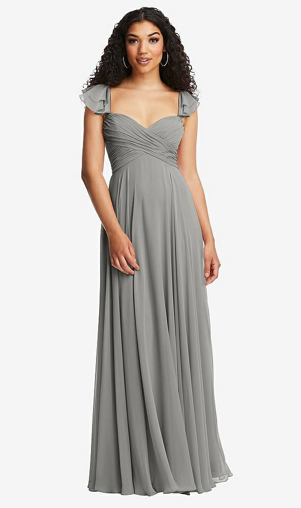 Back View - Chelsea Gray Shirred Cross Bodice Lace Up Open-Back Maxi Dress with Flutter Sleeves