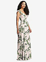 Side View Thumbnail - Palm Beach Print Shirred Cross Bodice Lace Up Open-Back Maxi Dress with Flutter Sleeves