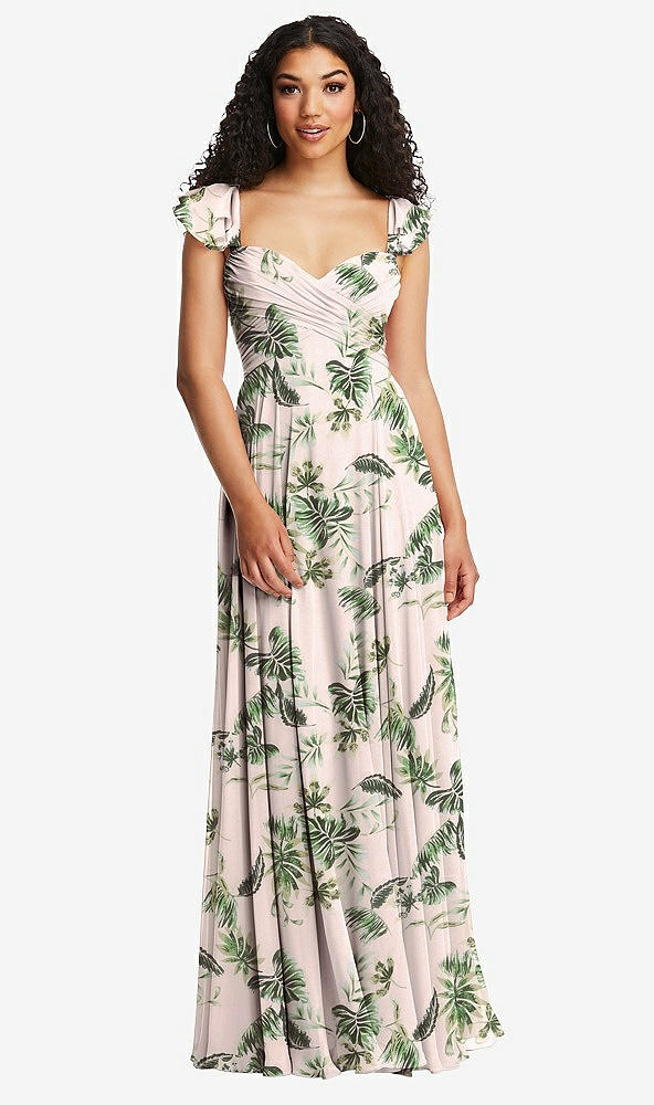 Back View - Palm Beach Print Shirred Cross Bodice Lace Up Open-Back Maxi Dress with Flutter Sleeves