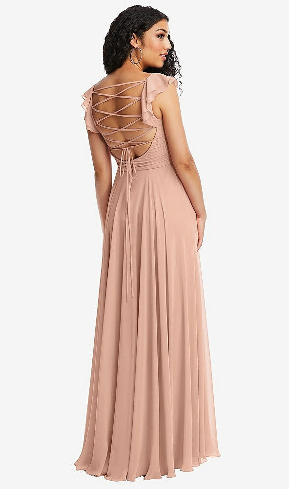 Front View - Pale Peach Shirred Cross Bodice Lace Up Open-Back Maxi Dress with Flutter Sleeves
