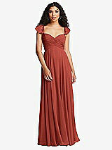 Rear View Thumbnail - Amber Sunset Shirred Cross Bodice Lace Up Open-Back Maxi Dress with Flutter Sleeves