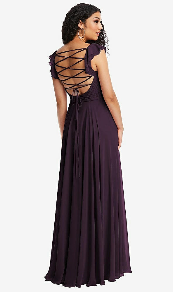 Front View - Aubergine Shirred Cross Bodice Lace Up Open-Back Maxi Dress with Flutter Sleeves