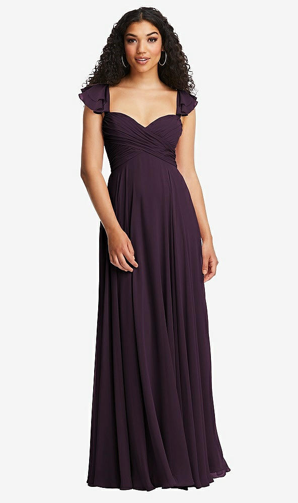 Back View - Aubergine Shirred Cross Bodice Lace Up Open-Back Maxi Dress with Flutter Sleeves