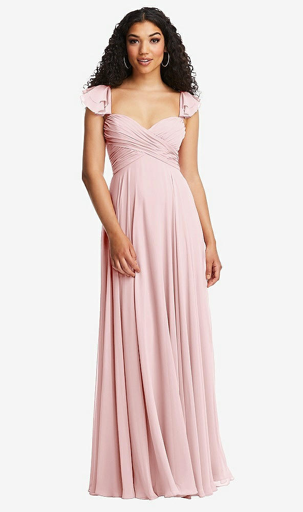 Back View - Ballet Pink Shirred Cross Bodice Lace Up Open-Back Maxi Dress with Flutter Sleeves