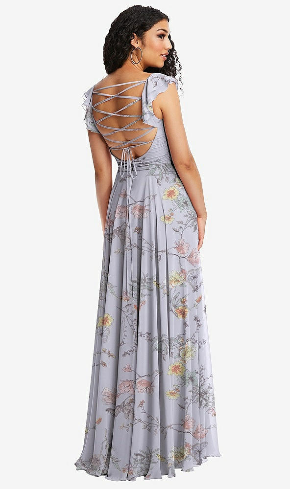 Front View - Butterfly Botanica Silver Dove Shirred Cross Bodice Lace Up Open-Back Maxi Dress with Flutter Sleeves