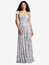 Rear View Thumbnail - Butterfly Botanica Silver Dove Shirred Cross Bodice Lace Up Open-Back Maxi Dress with Flutter Sleeves
