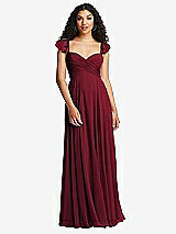 Rear View Thumbnail - Burgundy Shirred Cross Bodice Lace Up Open-Back Maxi Dress with Flutter Sleeves