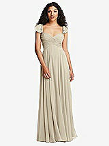 Rear View Thumbnail - Champagne Shirred Cross Bodice Lace Up Open-Back Maxi Dress with Flutter Sleeves