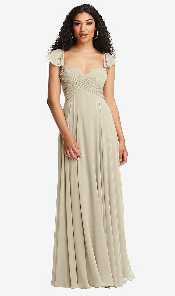 Back View - Champagne Shirred Cross Bodice Lace Up Open-Back Maxi Dress with Flutter Sleeves