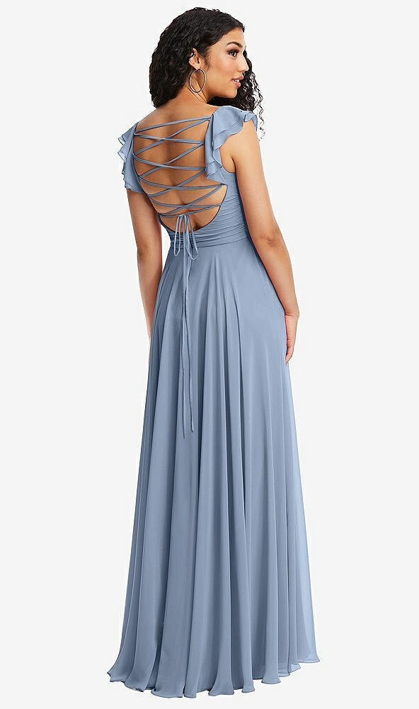 Front View - Cloudy Shirred Cross Bodice Lace Up Open-Back Maxi Dress with Flutter Sleeves