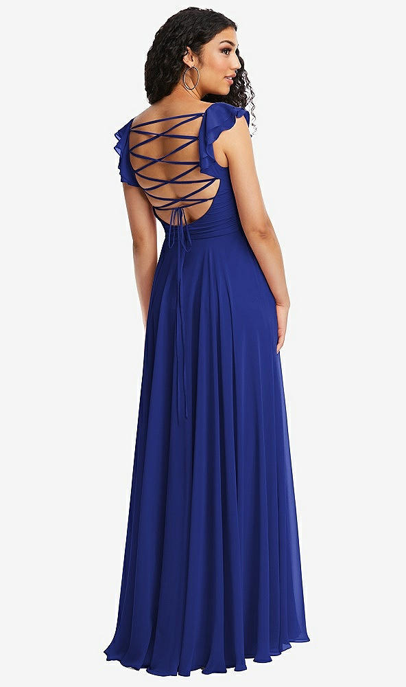 Front View - Cobalt Blue Shirred Cross Bodice Lace Up Open-Back Maxi Dress with Flutter Sleeves