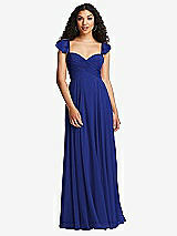 Rear View Thumbnail - Cobalt Blue Shirred Cross Bodice Lace Up Open-Back Maxi Dress with Flutter Sleeves