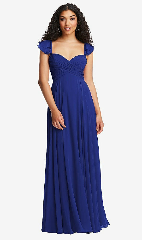 Back View - Cobalt Blue Shirred Cross Bodice Lace Up Open-Back Maxi Dress with Flutter Sleeves