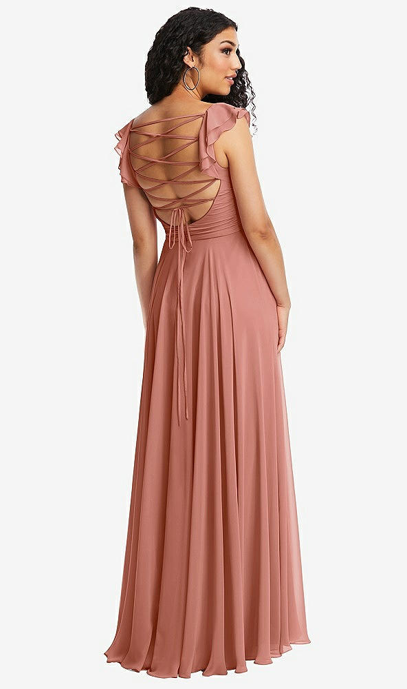 Front View - Desert Rose Shirred Cross Bodice Lace Up Open-Back Maxi Dress with Flutter Sleeves
