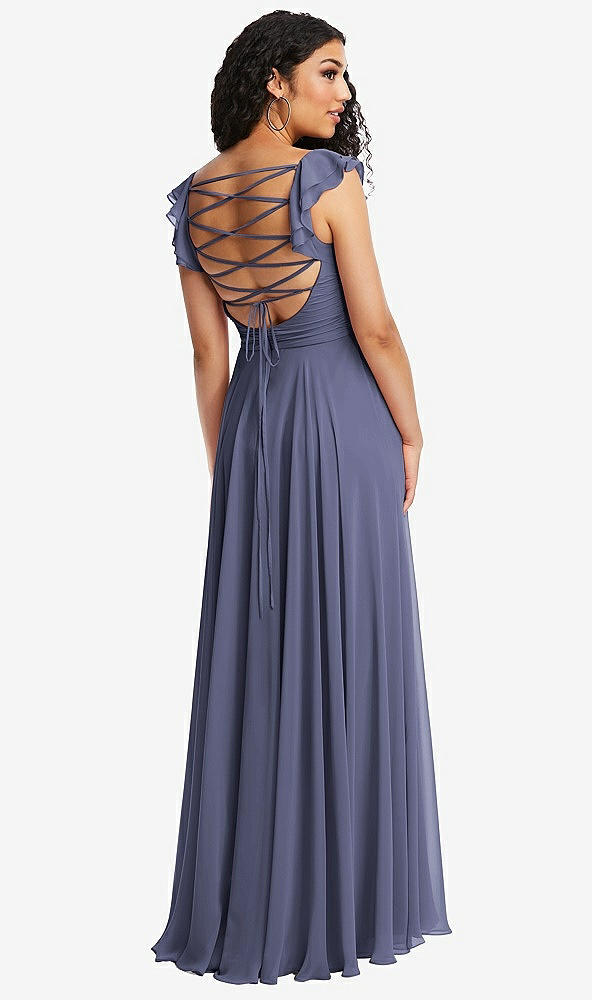 Front View - French Blue Shirred Cross Bodice Lace Up Open-Back Maxi Dress with Flutter Sleeves