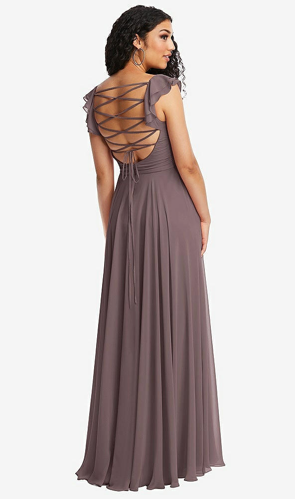 Front View - French Truffle Shirred Cross Bodice Lace Up Open-Back Maxi Dress with Flutter Sleeves