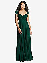 Rear View Thumbnail - Hunter Green Shirred Cross Bodice Lace Up Open-Back Maxi Dress with Flutter Sleeves