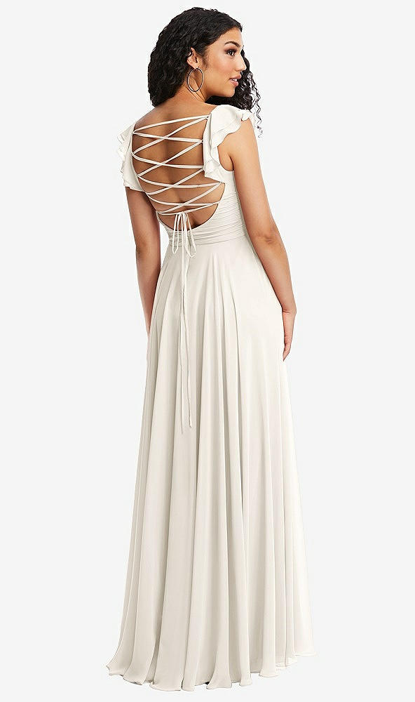 Front View - Ivory Shirred Cross Bodice Lace Up Open-Back Maxi Dress with Flutter Sleeves