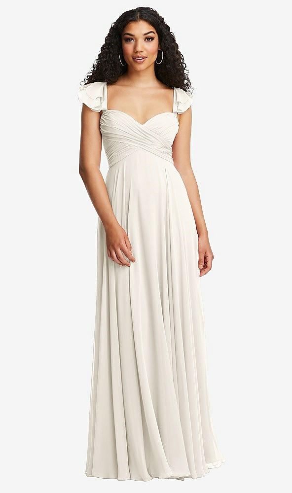Back View - Ivory Shirred Cross Bodice Lace Up Open-Back Maxi Dress with Flutter Sleeves
