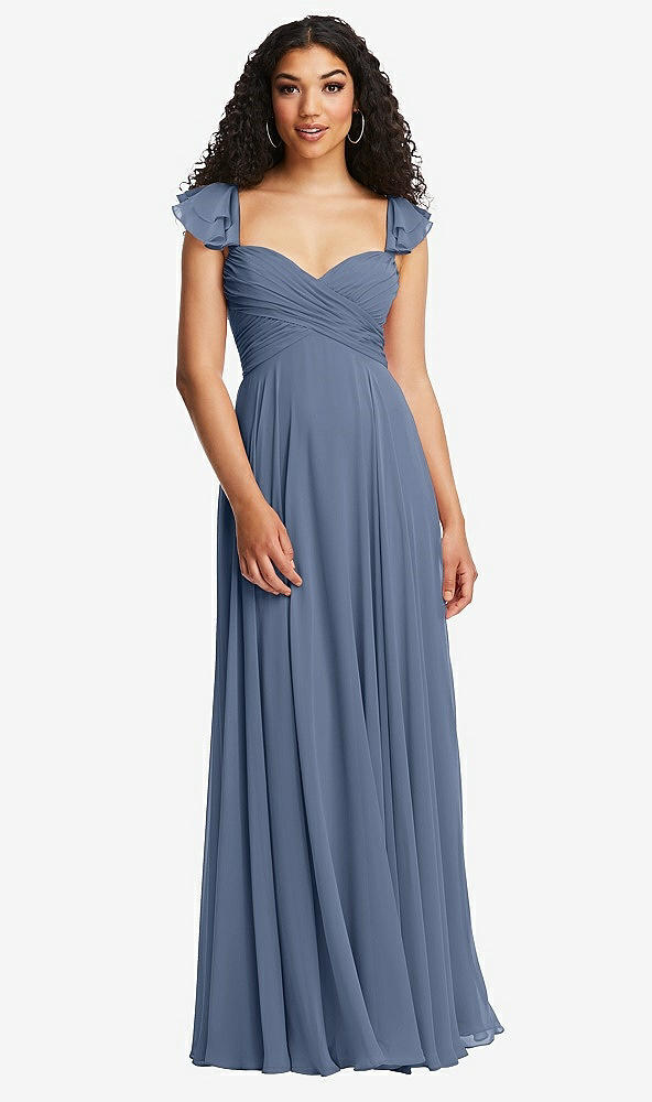 Back View - Larkspur Blue Shirred Cross Bodice Lace Up Open-Back Maxi Dress with Flutter Sleeves