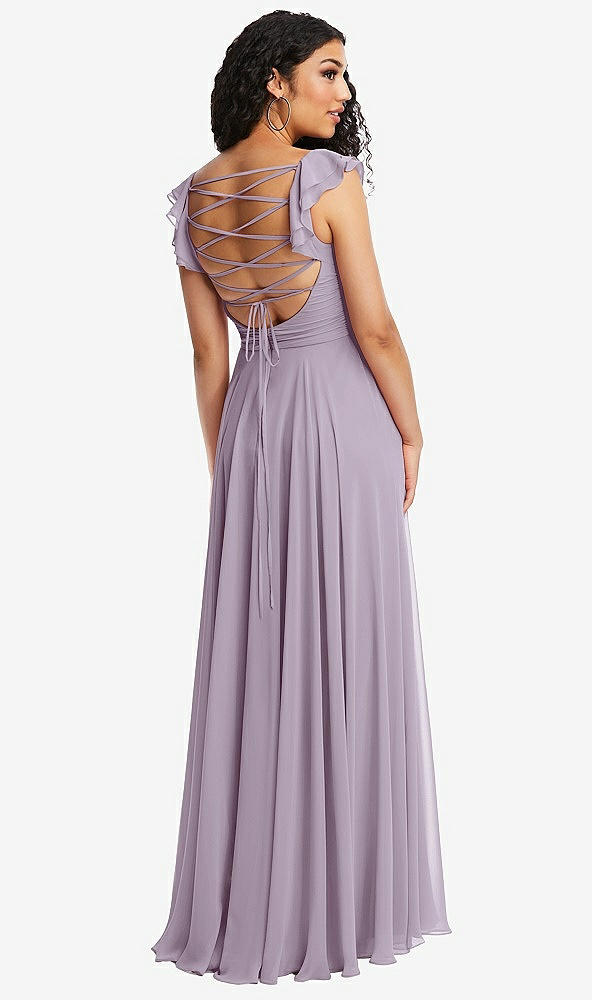 Front View - Lilac Haze Shirred Cross Bodice Lace Up Open-Back Maxi Dress with Flutter Sleeves