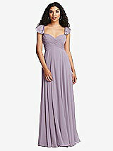 Rear View Thumbnail - Lilac Haze Shirred Cross Bodice Lace Up Open-Back Maxi Dress with Flutter Sleeves
