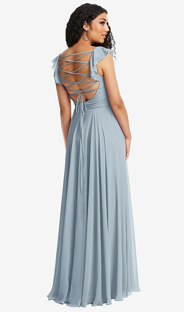 Front View - Mist Shirred Cross Bodice Lace Up Open-Back Maxi Dress with Flutter Sleeves