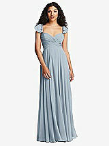 Rear View Thumbnail - Mist Shirred Cross Bodice Lace Up Open-Back Maxi Dress with Flutter Sleeves