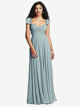 Rear View Thumbnail - Morning Sky Shirred Cross Bodice Lace Up Open-Back Maxi Dress with Flutter Sleeves