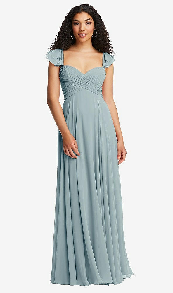 Back View - Morning Sky Shirred Cross Bodice Lace Up Open-Back Maxi Dress with Flutter Sleeves