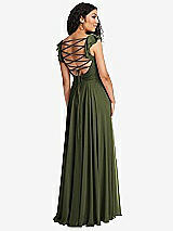 Front View Thumbnail - Olive Green Shirred Cross Bodice Lace Up Open-Back Maxi Dress with Flutter Sleeves