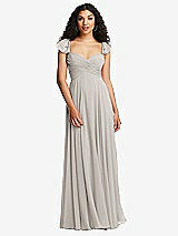Rear View Thumbnail - Oyster Shirred Cross Bodice Lace Up Open-Back Maxi Dress with Flutter Sleeves