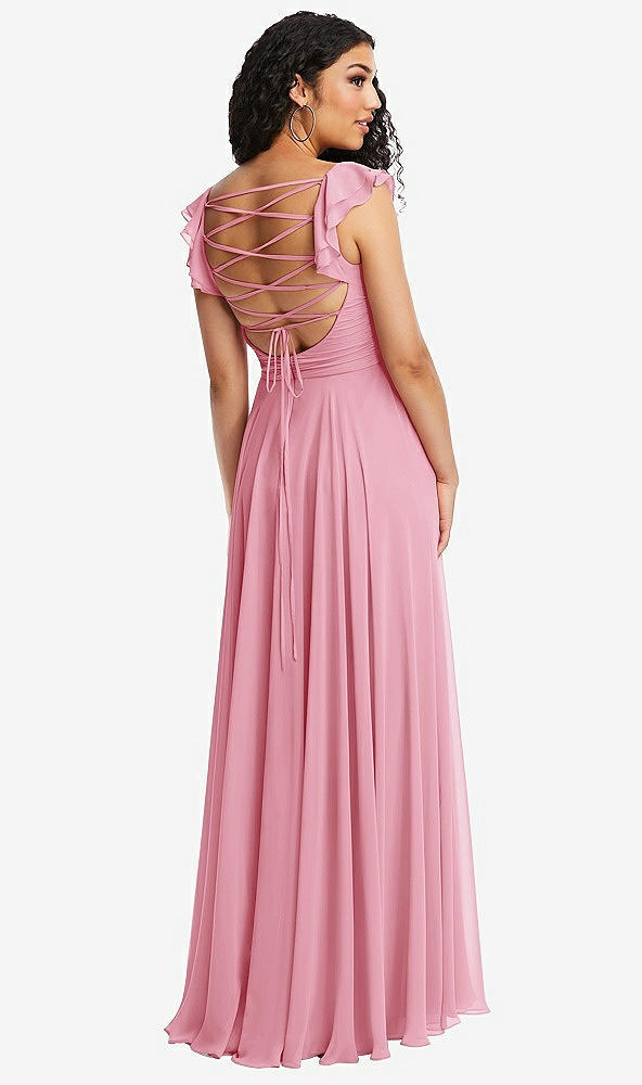 Front View - Peony Pink Shirred Cross Bodice Lace Up Open-Back Maxi Dress with Flutter Sleeves