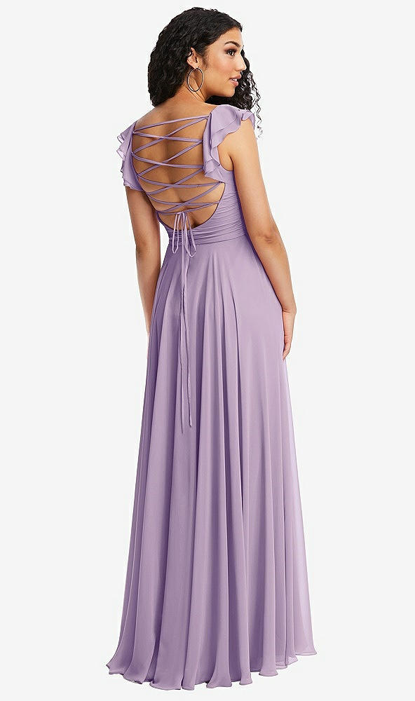 Front View - Pale Purple Shirred Cross Bodice Lace Up Open-Back Maxi Dress with Flutter Sleeves