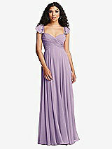 Rear View Thumbnail - Pale Purple Shirred Cross Bodice Lace Up Open-Back Maxi Dress with Flutter Sleeves