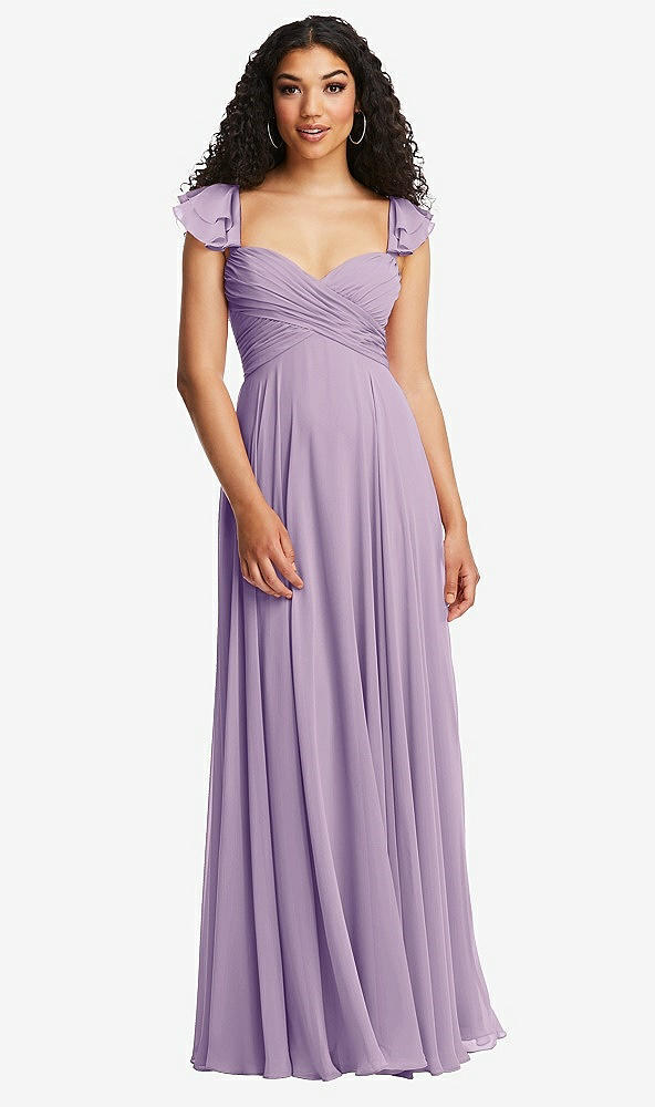 Back View - Pale Purple Shirred Cross Bodice Lace Up Open-Back Maxi Dress with Flutter Sleeves