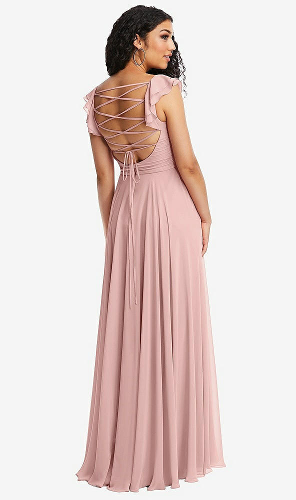 Front View - Rose - PANTONE Rose Quartz Shirred Cross Bodice Lace Up Open-Back Maxi Dress with Flutter Sleeves
