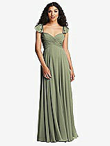 Rear View Thumbnail - Sage Shirred Cross Bodice Lace Up Open-Back Maxi Dress with Flutter Sleeves