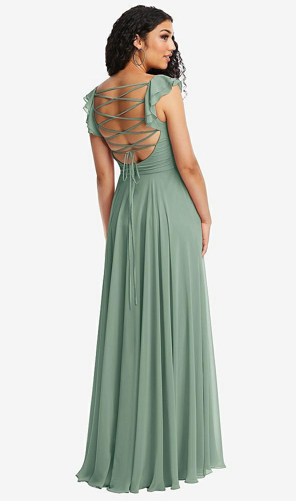 Front View - Seagrass Shirred Cross Bodice Lace Up Open-Back Maxi Dress with Flutter Sleeves