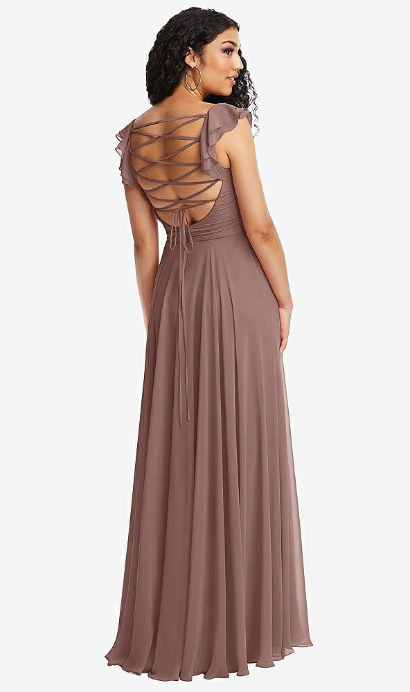 Front View - Sienna Shirred Cross Bodice Lace Up Open-Back Maxi Dress with Flutter Sleeves