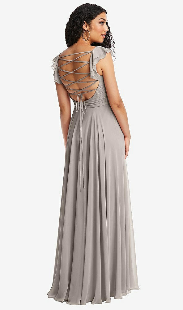 Front View - Taupe Shirred Cross Bodice Lace Up Open-Back Maxi Dress with Flutter Sleeves