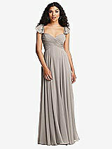 Rear View Thumbnail - Taupe Shirred Cross Bodice Lace Up Open-Back Maxi Dress with Flutter Sleeves