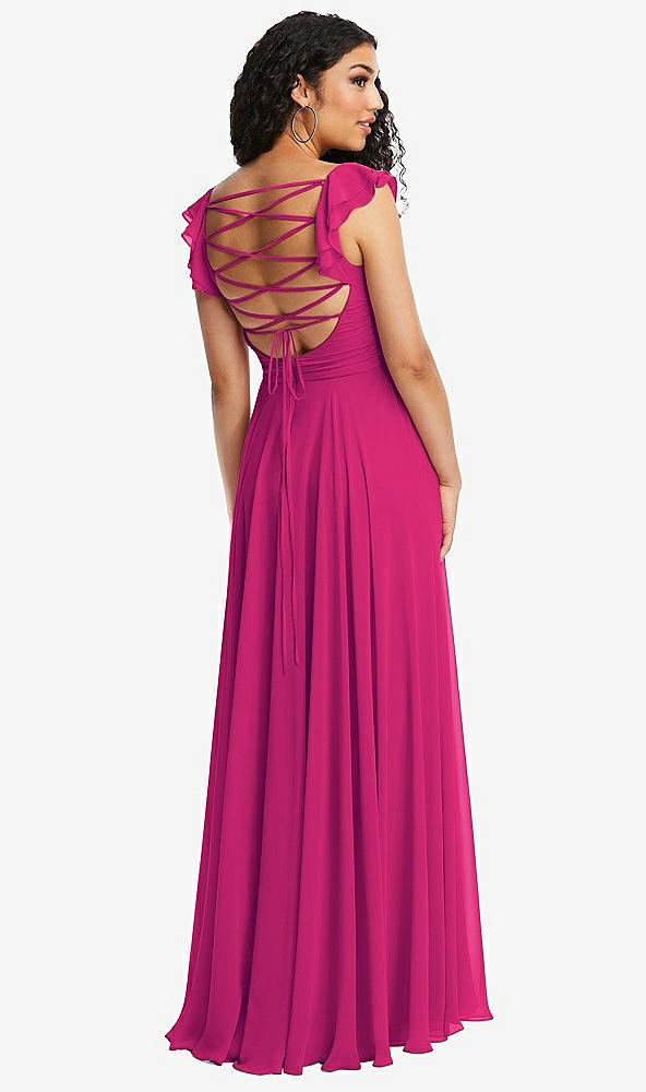 Front View - Think Pink Shirred Cross Bodice Lace Up Open-Back Maxi Dress with Flutter Sleeves