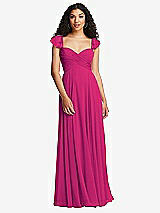 Rear View Thumbnail - Think Pink Shirred Cross Bodice Lace Up Open-Back Maxi Dress with Flutter Sleeves